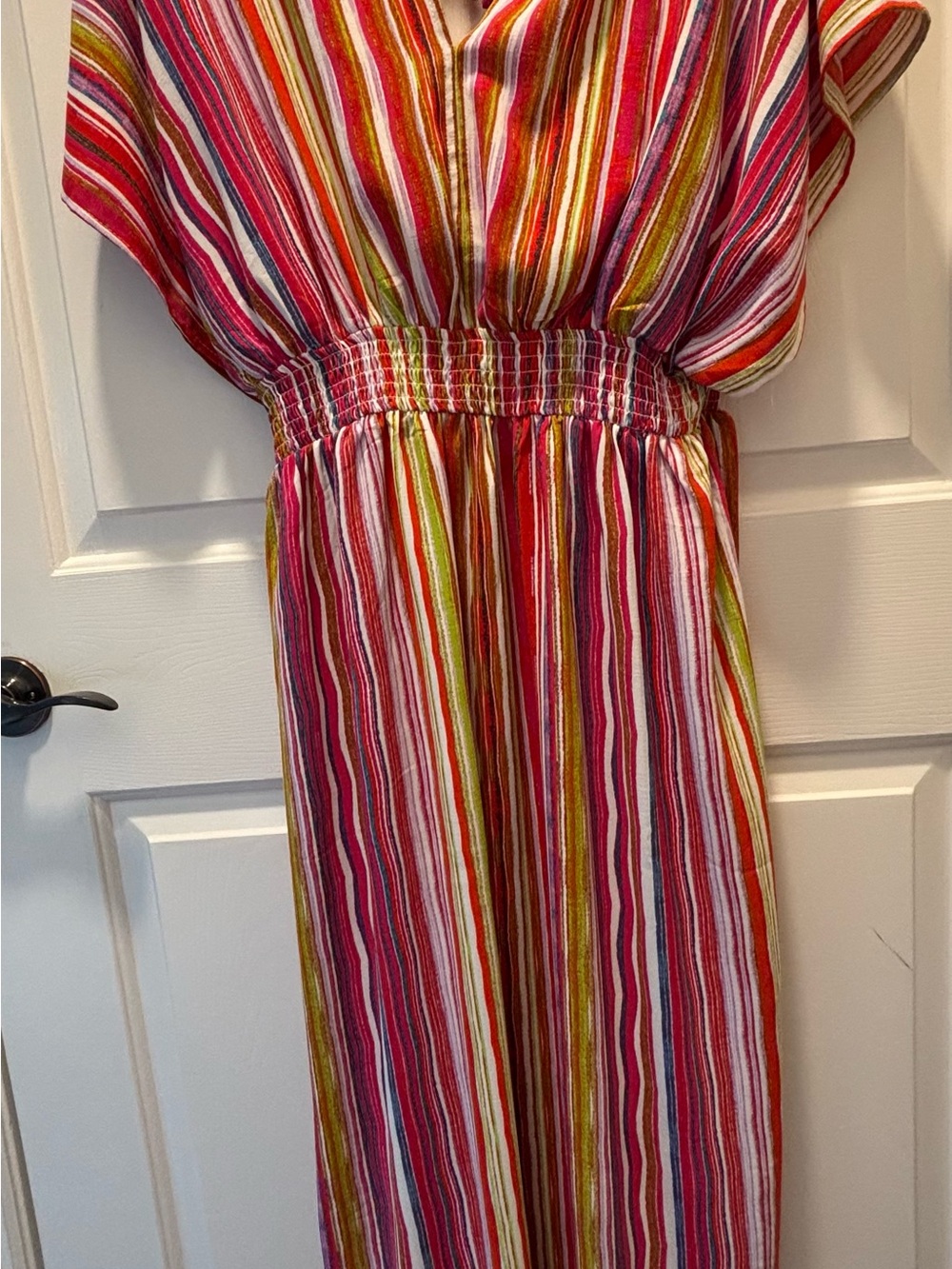 Nina Leonard Striped V-Neck Dress in Red, Pink and Green